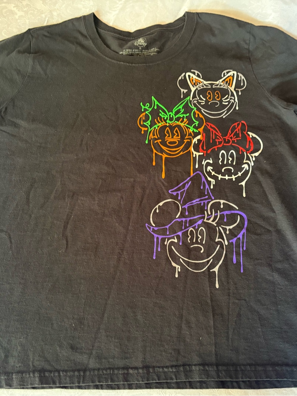 Disney Black Short Sleeve Tee with Dripping Neon Character Faces woman’s xl